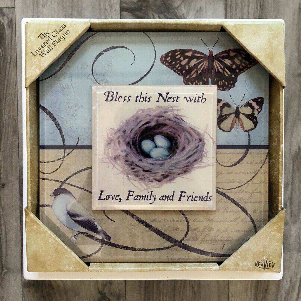 The Layered Glass Plaque “BLESS THIS NEST..” 10”x10” NIB,‎ Bird~Butterflies